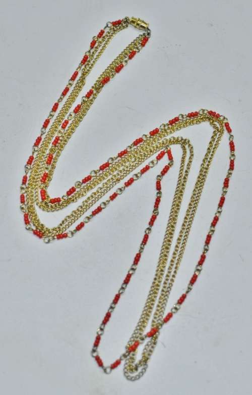 Vintage Gilt Metal Three Strand Chains and Faux Coral Beads Necklace