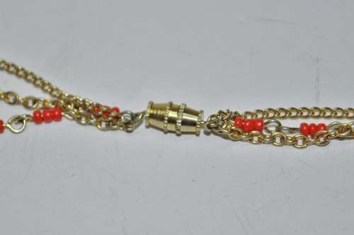 Vintage Gilt Metal Three Strand Chains and Faux Coral Beads Necklace
