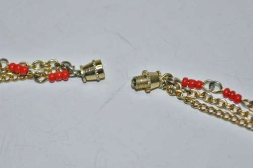Vintage Gilt Metal Three Strand Chains and Faux Coral Beads Necklace