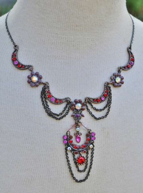 Vintage Antique Brass Tone, Red and Pink Crystal Festoon Style Necklace With Enamel Flowers