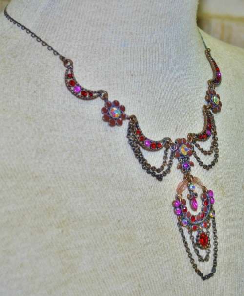 Vintage Antique Brass Tone, Red and Pink Crystal Festoon Style Necklace With Enamel Flowers