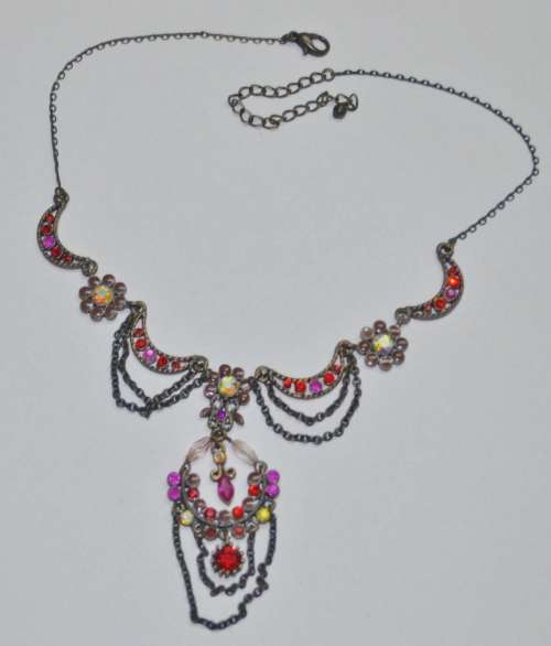 Vintage Antique Brass Tone, Red and Pink Crystal Festoon Style Necklace With Enamel Flowers