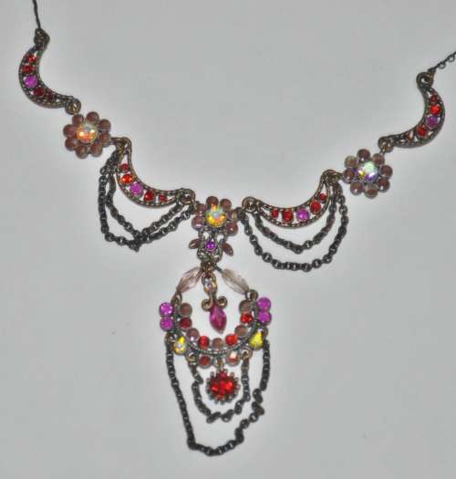 Vintage Antique Brass Tone, Red and Pink Crystal Festoon Style Necklace With Enamel Flowers