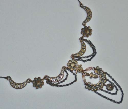 Vintage Antique Brass Tone, Red and Pink Crystal Festoon Style Necklace With Enamel Flowers