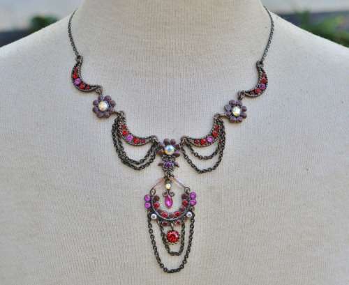 Vintage Antique Brass Tone, Red and Pink Crystal Festoon Style Necklace With Enamel Flowers