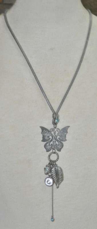 Vintage Matt Silver Tone Necklace with Silver Tone Butterfly Pendant, Dangling Charms and Crystal