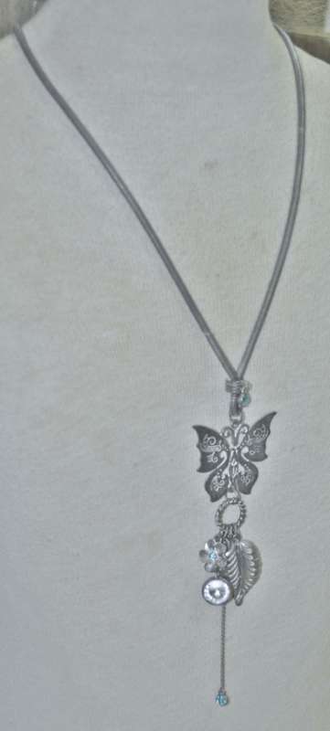 Vintage Matt Silver Tone Necklace with Silver Tone Butterfly Pendant, Dangling Charms and Crystal
