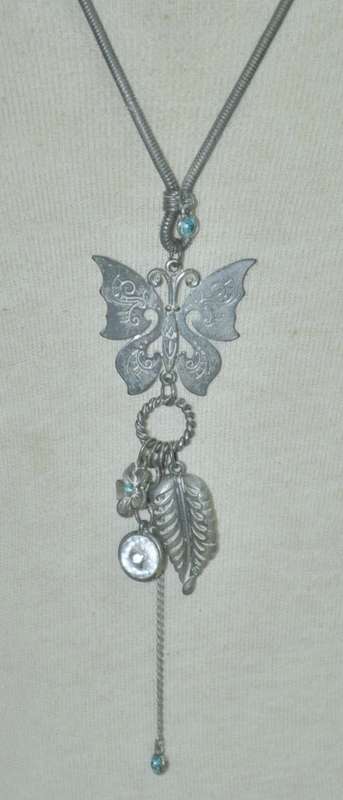 Vintage Matt Silver Tone Necklace with Silver Tone Butterfly Pendant, Dangling Charms and Crystal