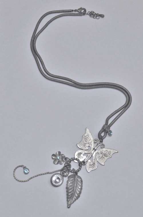 Vintage Matt Silver Tone Necklace with Silver Tone Butterfly Pendant, Dangling Charms and Crystal