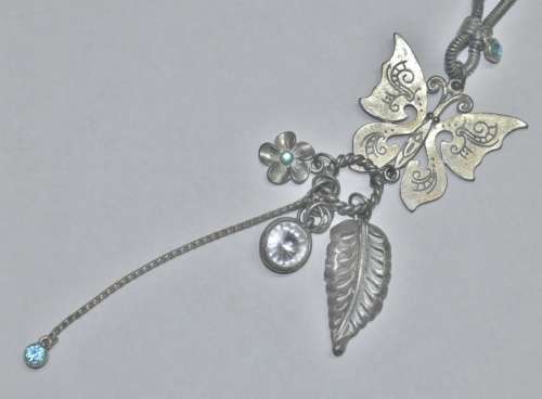 Vintage Matt Silver Tone Necklace with Silver Tone Butterfly Pendant, Dangling Charms and Crystal