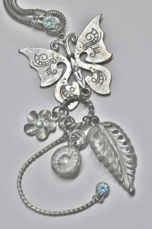 Vintage Matt Silver Tone Necklace with Silver Tone Butterfly Pendant, Dangling Charms and Crystal