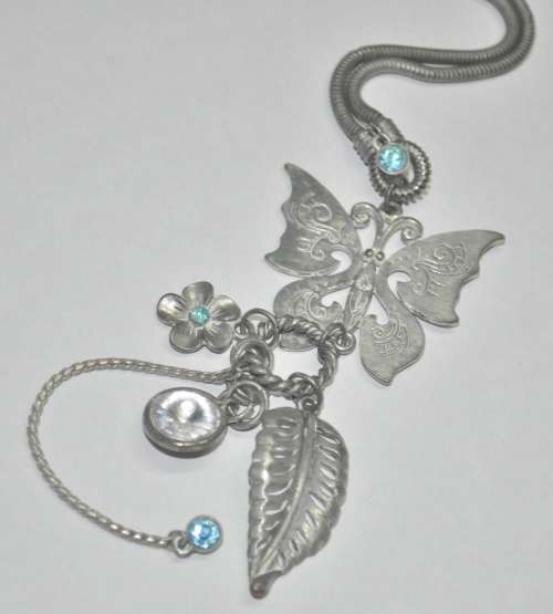 Vintage Matt Silver Tone Necklace with Silver Tone Butterfly Pendant, Dangling Charms and Crystal