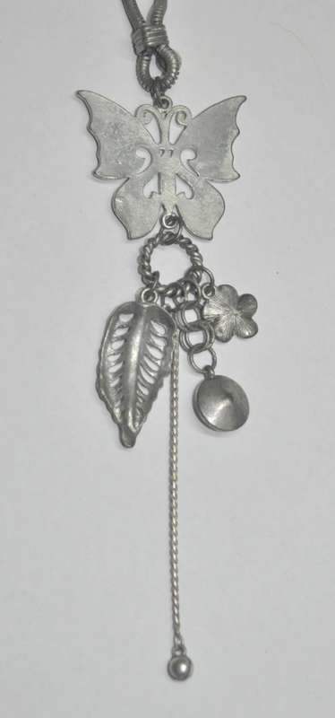 Vintage Matt Silver Tone Necklace with Silver Tone Butterfly Pendant, Dangling Charms and Crystal