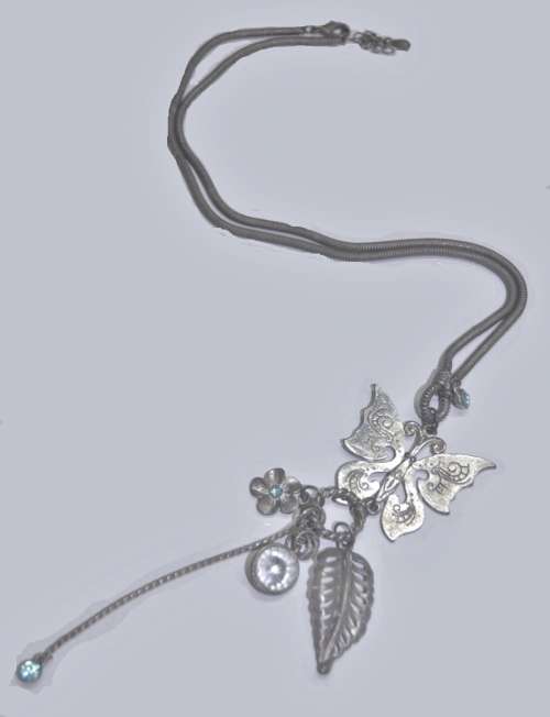 Vintage Matt Silver Tone Necklace with Silver Tone Butterfly Pendant, Dangling Charms and Crystal