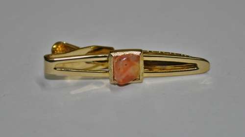 Vintage Gold Tone and Agate Nippy-Clip Tie Clip Made in England by Stratton in original box