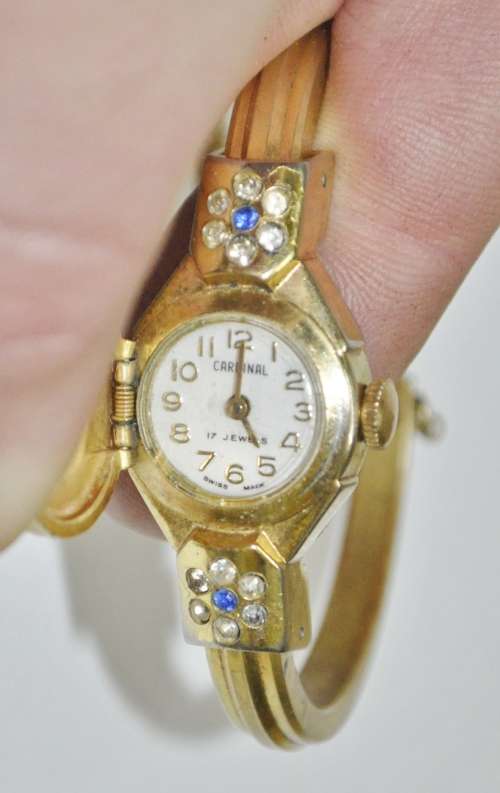 Vintage Swiss Made Cardinal 17 Jewel Gold Plated and Rhinestone Ladies Clamper Bracelet Watch