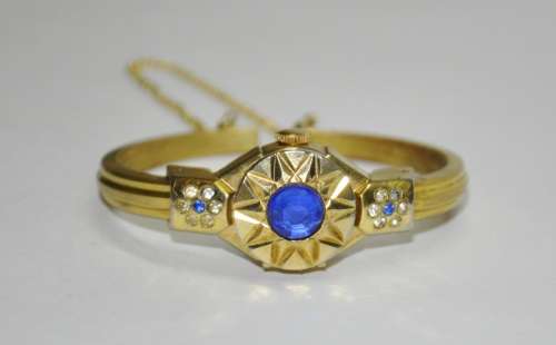 Vintage Swiss Made Cardinal 17 Jewel Gold Plated and Rhinestone Ladies Clamper Bracelet Watch