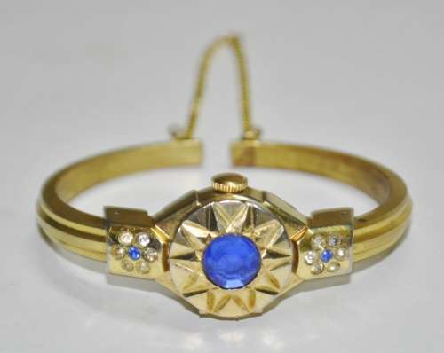 Vintage Swiss Made Cardinal 17 Jewel Gold Plated and Rhinestone Ladies Clamper Bracelet Watch