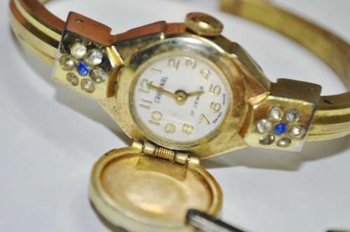 Vintage Swiss Made Cardinal 17 Jewel Gold Plated and Rhinestone Ladies Clamper Bracelet Watch