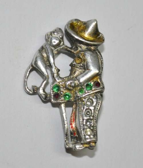 Vintage Silver Tone and Rhinestone Organ Grinder and Monkey Brooch Pin
