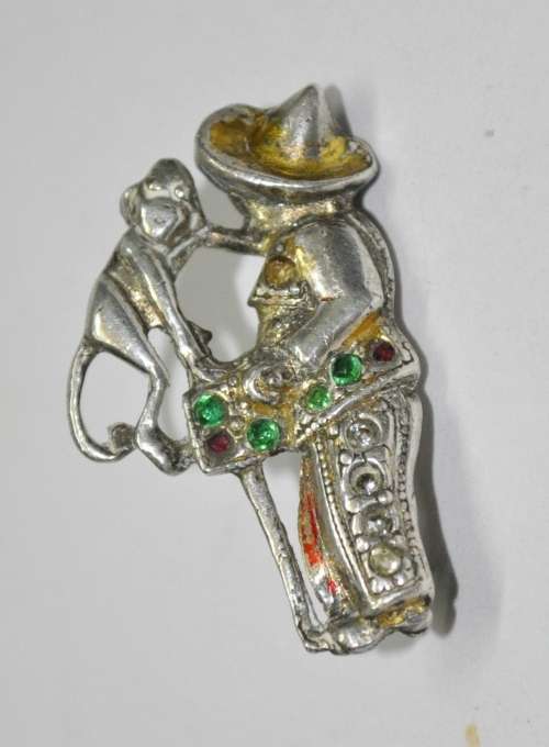 Vintage Silver Tone and Rhinestone Organ Grinder and Monkey Brooch Pin