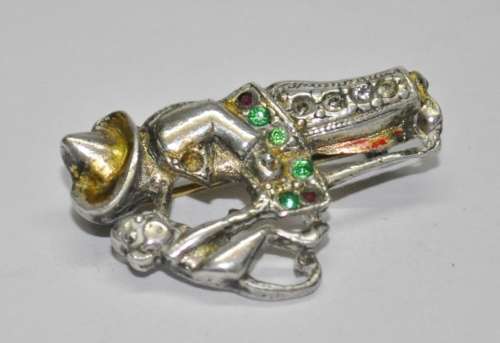 Vintage Silver Tone and Rhinestone Organ Grinder and Monkey Brooch Pin