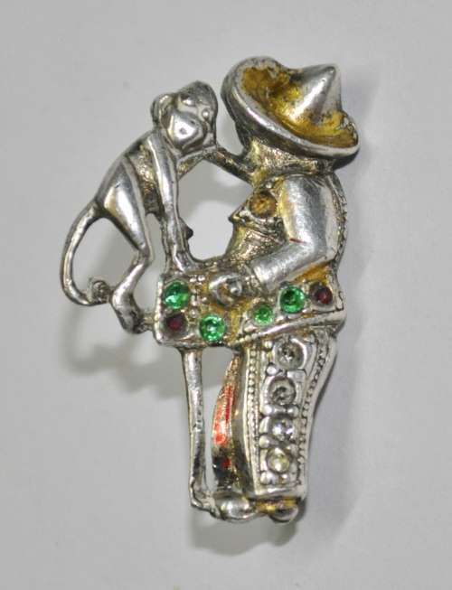 Vintage Silver Tone and Rhinestone Organ Grinder and Monkey Brooch Pin