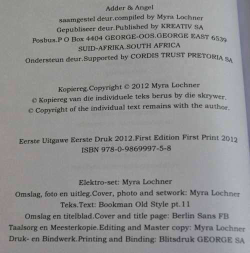 adder en angel narrative poetry and prose compiled by Myra Lochner (ISBN 9780986999758)