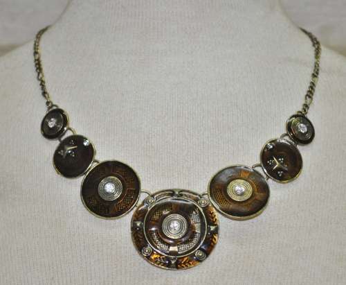 Vintage Handmade Antique Brass Tone, Golden Brown Enamel and Clear Rhinestone Statement Necklace
