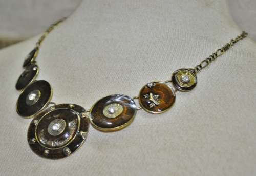 Vintage Handmade Antique Brass Tone, Golden Brown Enamel and Clear Rhinestone Statement Necklace