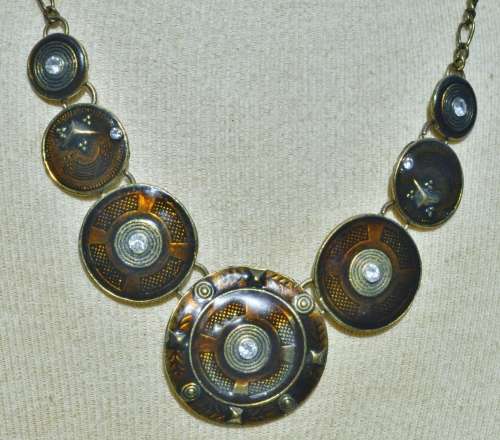 Vintage Handmade Antique Brass Tone, Golden Brown Enamel and Clear Rhinestone Statement Necklace
