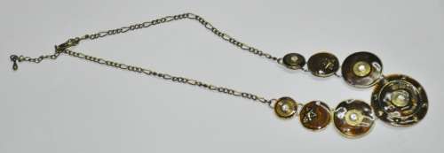 Vintage Handmade Antique Brass Tone, Golden Brown Enamel and Clear Rhinestone Statement Necklace