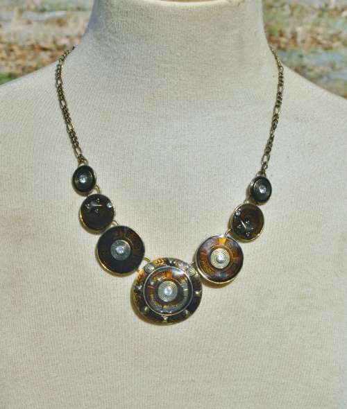 Vintage Handmade Antique Brass Tone, Golden Brown Enamel and Clear Rhinestone Statement Necklace