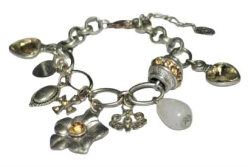 Vintage Chunky Silver Tone, Topaz Coloured Faceted Crystal, and Quartz Charm Bracelet signed D+H