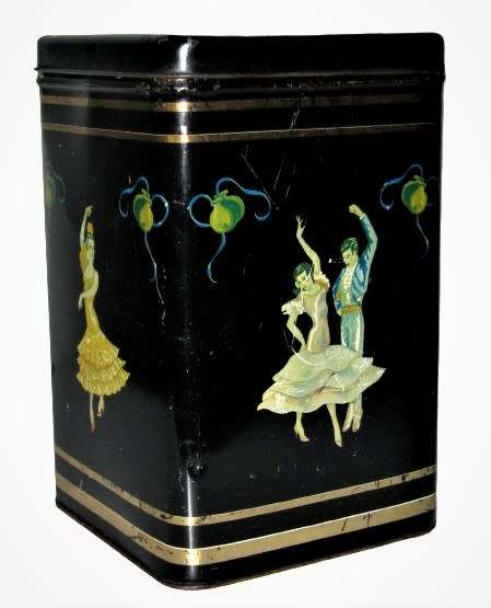 Vintage, Collectible Black and Gold Tea Tin Featuring Flamenco Dancers