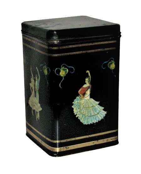 Vintage, Collectible Black and Gold Tea Tin Featuring Flamenco Dancers