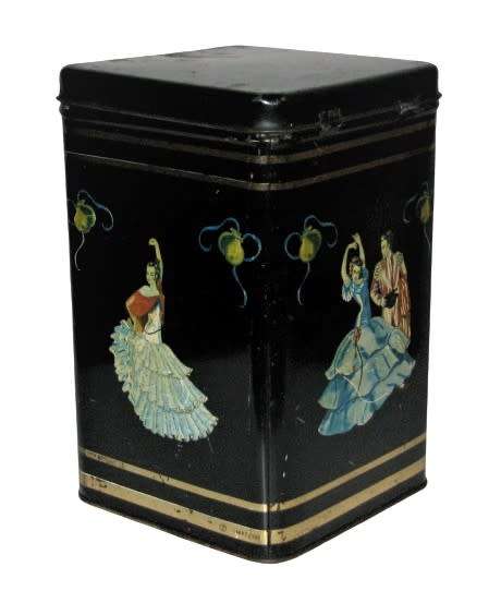 Vintage, Collectible Black and Gold Tea Tin Featuring Flamenco Dancers