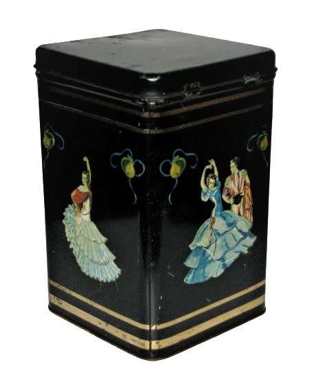 Vintage, Collectible Black and Gold Tea Tin Featuring Flamenco Dancers