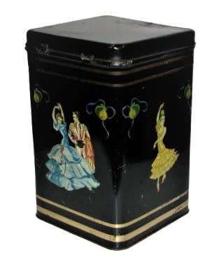 Vintage, Collectible Black and Gold Tea Tin Featuring Flamenco Dancers