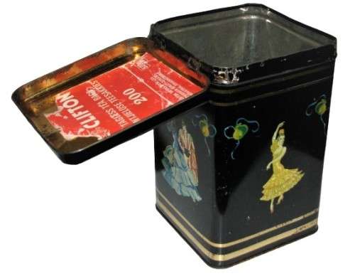 Vintage, Collectible Black and Gold Tea Tin Featuring Flamenco Dancers
