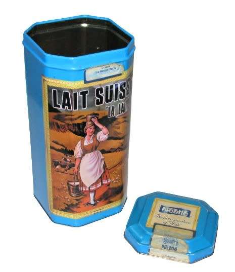Vintage, collectible Nestlé Dessert Cream Tin with French Advertising `Lai Suisse La Laitiere`
