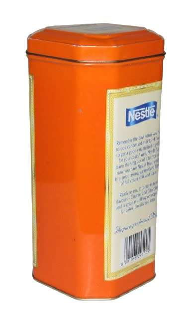 Vintage, collectible Nestlé Treat Tin decorated with vintage advertising