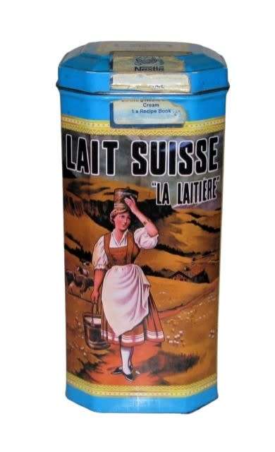 Vintage, collectible Nestlé Dessert Cream Tin with French Advertising `Lai Suisse La Laitiere`