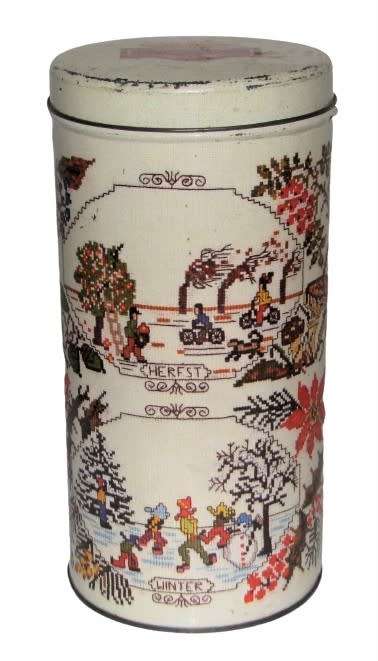 Vintage Biscuit Tin made by ARKS depicting the Four Seasons in an embroidered print c1970