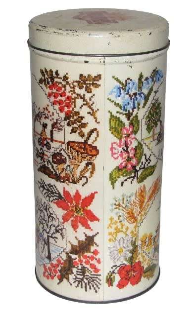 Vintage Biscuit Tin made by ARKS depicting the Four Seasons in an embroidered print c1970