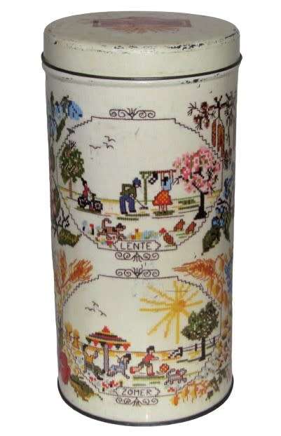 Vintage Biscuit Tin made by ARKS depicting the Four Seasons in an embroidered print c1970