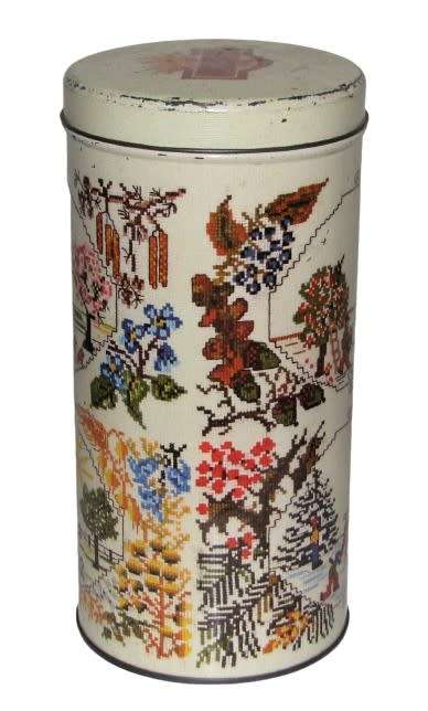 Vintage Biscuit Tin made by ARKS depicting the Four Seasons in an embroidered print c1970