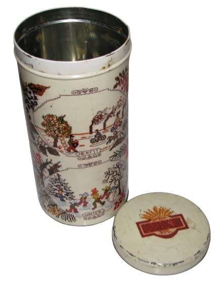 Vintage Biscuit Tin made by ARKS depicting the Four Seasons in an embroidered print c1970