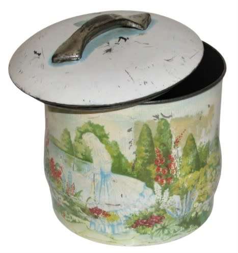 Rare, Collectible Vintage Round Storage Tin with a Romantic Scene in  Pastel Colours c1960