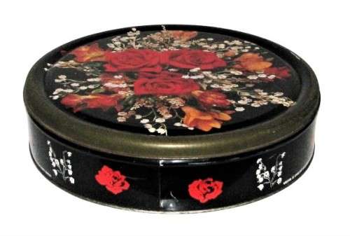 Vintage, Collectible Weston`s Black Biscuit Tin with Blood Red Roses